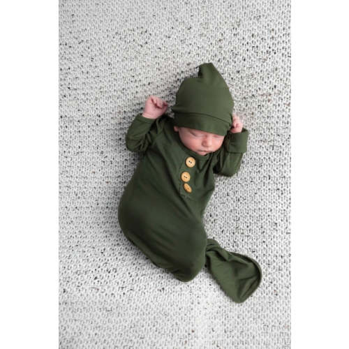 Solid Olive Bamboo Baby Knot Gown & Hat