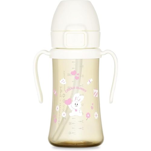 GROSMIMI PPSU Baby Straw Cup Stage 2, 12M+, Spill-Proof, 10oz (Cream Bunny)