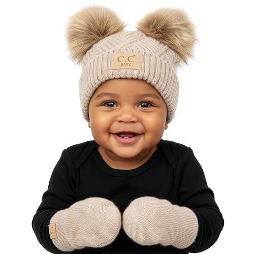 Funky Junque Baby Double Faux Fur Pom Pom Beanie & Mittens Set – Newborn Infant 0–9 Months Winter Hat with Soft Lined Mittens