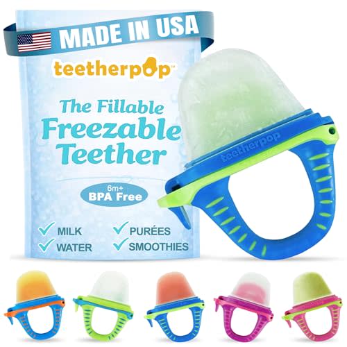 Teetherpop Fillable Freezable Teethers for Babies - Breastmilk Teether with Spill-Proof Sippy Slits – Teething Popsicle for Baby, Liquids & Purées, Cooling Teething Relief Feeder Pacifier - BlueLime