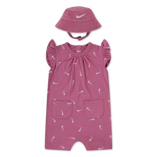 Newborn Baby Girls Nike Swooshfetti Ruffle Sleeve Romper & Bucket Hat 2-Piece Set