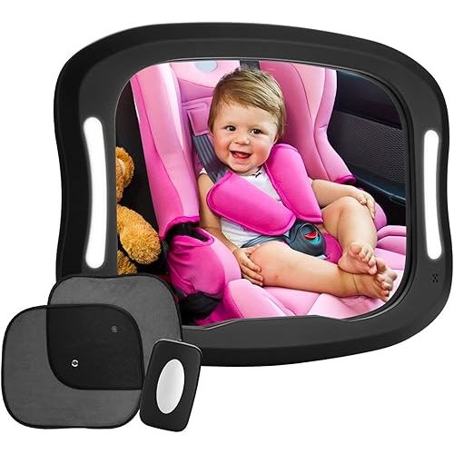 FITNATE LED Baby Car Mirror, Safety Infant in Backseat 360°Adjustable Light Up Mirror for Baby Rear with Best Newborn Secure 4 Sturdy Strips,Remote Control and 2 Car Sun Visors