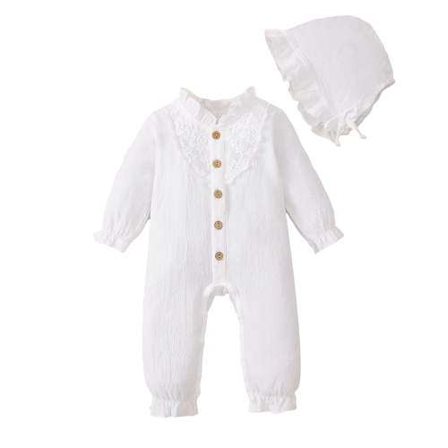 Infant Baby Girls Clothes Baby Girls Romper Infant Girls Long Sleeve Solid Color One-piece Romper Bodysuit with Hat 2PCS Set White 6-12 Months