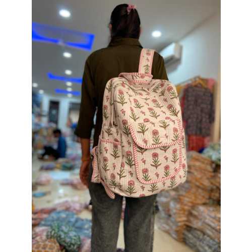 Indian Block Print Cotton Quilted Laptop Backpack: Reversible Tote gift bag floral print