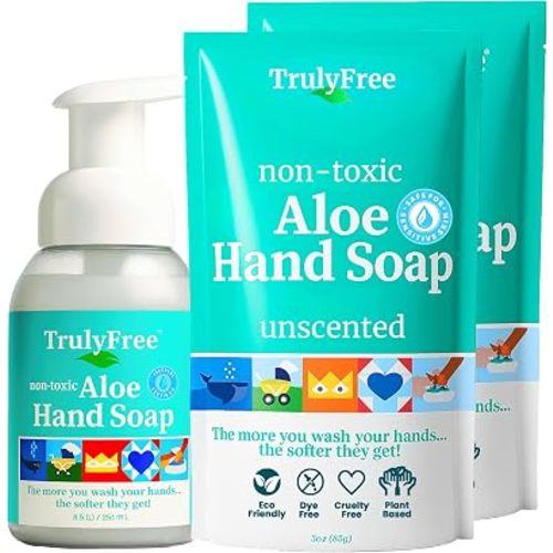 Truly Free Aloe Unscented Hand Soap - 10x Concentrated Aloe Vera, Non-Drying Gentle Cleanser - Bathroom Hand Soap - 1 Empty Bottle with Foaming Dispenser Pump + 2 Moisturizing Hand Soap Refill Pouches
