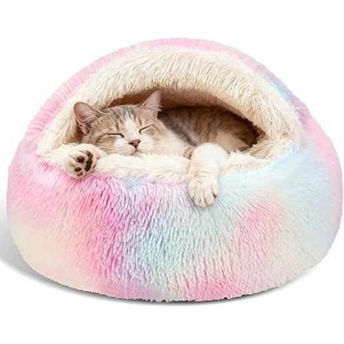 Calming Dog Beds & Cat Cave Bed with Hooded Cover,Removable Washable Round Beds for Small Medium Pets,Anti-Slip Faux Fur Fluffy Coved Bed for Improved Sleep,Fits up to 15/25 lbs(Colorful,S)