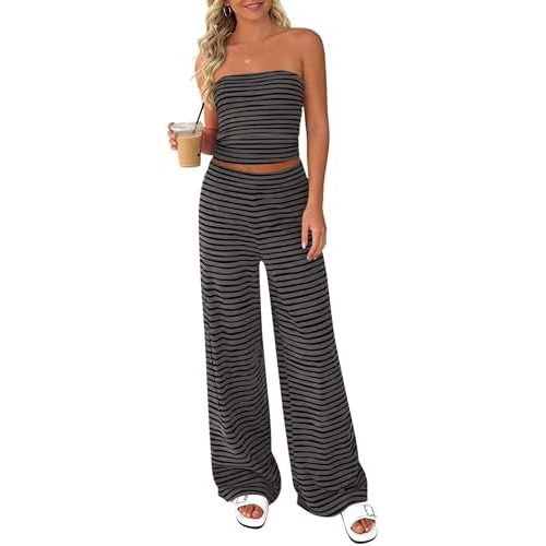 PRETTYGARDEN Two Piece Striped Sets for Women Summer Travel Outfits 2026 Spring Y2K Going Out Vacation Clothes Loungewear