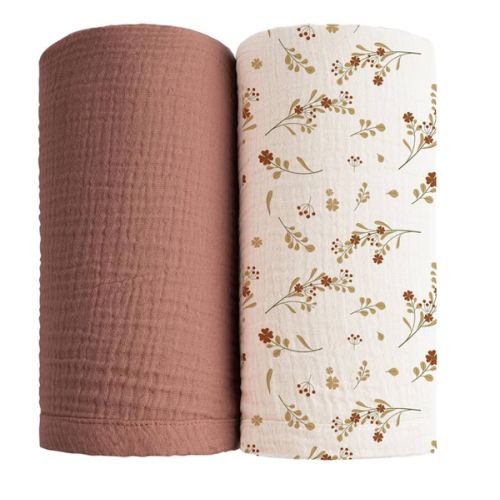 Konssy Muslin Swaddle Blankets for Boys Girls, 2 Pack Receiving Baby Blanket Large 47 x 47 inches, Soft Breathable Swaddling Wrap for Unisex Newborn (Chestnut, Posy)