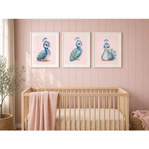 Blush Baby Peacock Nursery Wall Art Set, Printable Watercolor Girl Room Decor