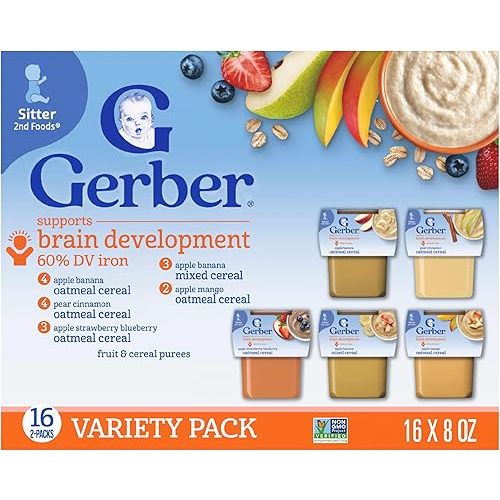 Gerber Stage 2 Baby Food, Baby Fruit And Cereal Tubs Variety Pack, Iron Helps Support Brain Development, No Artificial Flavors, Baby Cereal, 32-Pack