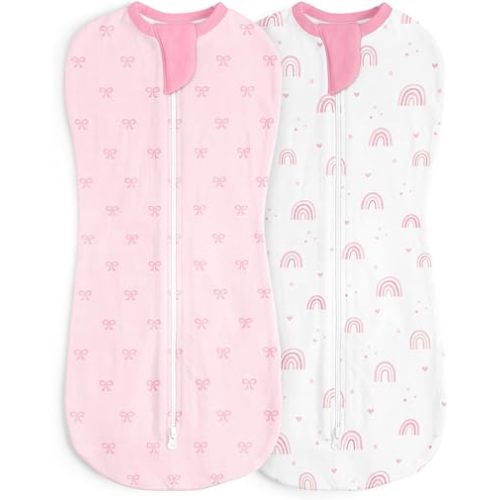 Baby Swaddle 0-2 Months, Cotton Arm-In Zipper Sleep Sack, Wearable Blankets Wrap for Newborn Infant Girls (Bow, Rainbow, Pack of 2)