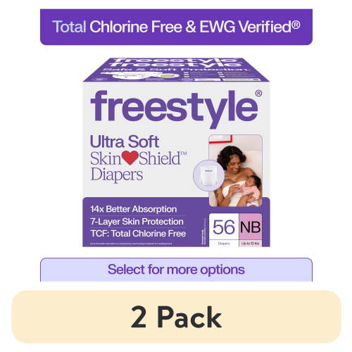 (2 pack) Freestyle Total Chlorine Free 14x Better Absorption Hypoallergenic EWG Verified® Baby Diapers, Newborn (Up to 10 lbs), 56 Count