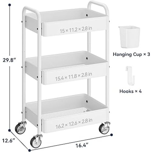 YASONIC Metal 3 Tier Rolling Cart - Heavy Duty Utility Cart with Lockable Wheels, Hanging Cups, Hooks, Mesh Rolling Storage Cart Craft Cart Organizer, Lightweight and Sturdy, White
