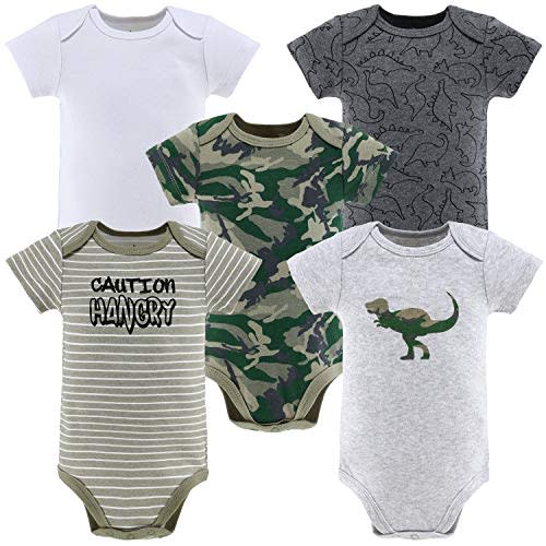 The Peanutshell Short Sleeve Baby Bodysuits Set for Boys - Camo & Dinosaur - 5 Pack Set