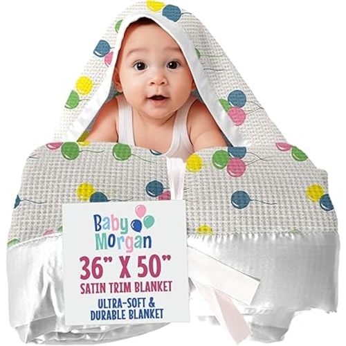Blankets Thermal Waffle Baby Blanket Crib Bedding - Soft Cozy Warm Infant Thermal Cover for Nursery Stroller or Bassinet, Lightweight Ideal Shower Gift Satin Trim Balloon Pattern 36" x 50"
