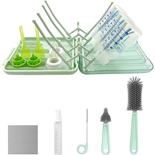 Baby Bottle Brush, 7 in 1 Travel Bottle Cleaner Kit with Silicone Bottle Brush, Nipple Brush, Straw Brush, Soap Dispenser, Bottle Drying Rack, Dishcloths, Portable Essentials for Home and Travel-Green