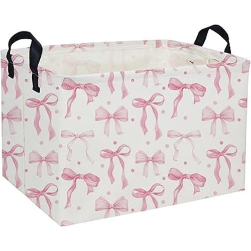 Kids Basket Pink Baskets Girls Basket Rectangular Cute Storage Bin for Room Decor(Pink bownot)