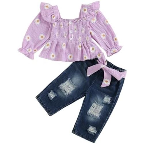 SAYOO Toddler Baby Girl Clothes Linen Smocked Daisy Flutter Top Jeans Denim Pants Set Little Girls Fall Winter Ruffle Outfit
