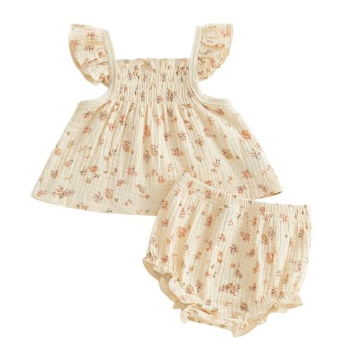 TheFound Baby Girl Summer Outfit Floral Print Fly Sleeve Ruffled Top Bowknot Elastic Waist Short Casual Toddler Baby Clothes
