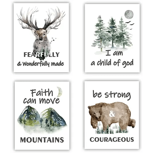 Forest Animals Bible Verse Poster ， Inspirational Quote Poster ，Watercolor Wall Art for Kids Room Decor ，suitable for Kids Room ,Playroom Nursery Decor Decor | 4-pack20.32 x 25.40 cm (Unframed)