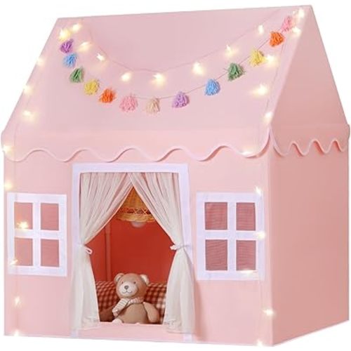 Kids Play Tent Indoor: with Mat, Tassel Garland, Star Lights - Pink Girls Tent Playhouse Kids Toys for Boy Girl Birthday Gift for Kids