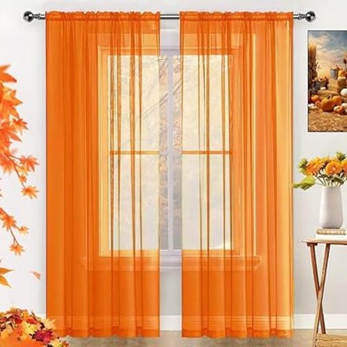 SpaceDresser Basic Rod Pocket Sheer Voile Window Curtain Panels Orange 2 Panels 52 Width 84 Inch Long for Kitchen Bedroom Children Living Room Yard(Orange,52 W x 84 L)