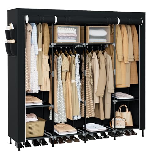 CASAMAYA Portable Closet, 66.9 Inch Large Capacity Wardrobe Closet with Cover, Clothes Storage Organizer with Shelves and 4 Hanging Rods, Easy to Assembly, Black PCT204B01