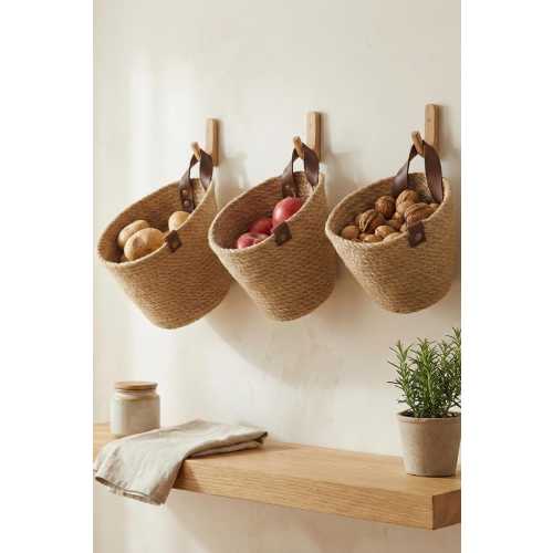 Handmade Jute Wall Hanging Basket with Leather Handles, Woven Wall Storage