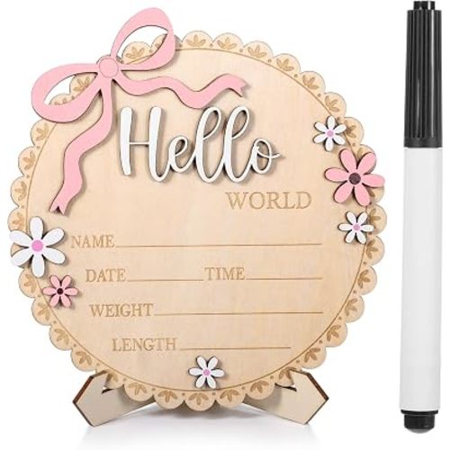 Wooden Baby Birth Announcement Sign, Pink Floral Bow Newborn Announcement Sign with Stand and Marker, 3D "Hello, World" Baby Girl Announcements for Hospital Newborn Photography Props