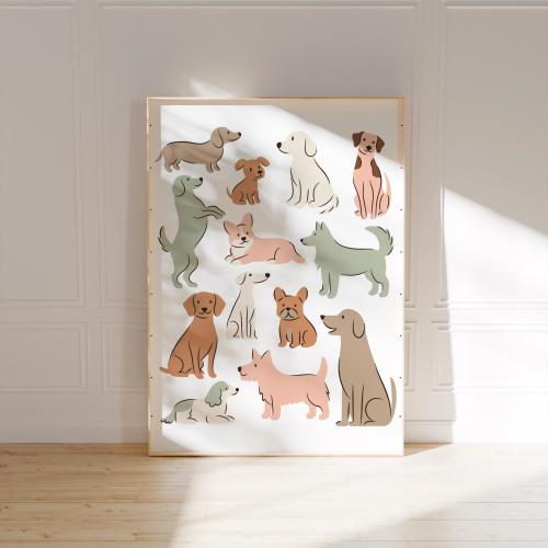 Warm Neutral Nursery Wall Art, Earthy Nursery Print, Cute Dog Printable Wall Art for Playroom, Baby Boy Dog Décor, Puppy Dog Art Nursery