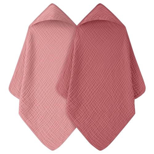 Baby Bath Towels, 100% Muslin Cotton Hooded Baby Towels Girl for Newborn, 2 Pack Pink Baby Towels with Hood for Infant Toddler and Kids, Large 32x32Inch, Soft and Absorbent