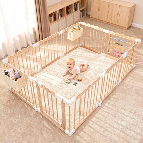 M MEEPO Foldable Baby Playpen, 86 x 57 x 25 in, Adjustable Shape & Size Wooden Baby Playpen with 2-Pack Storage Bags, Nature Pine Wood Play Yard for Infant, Toddler, Safety Lock Door, Build in Toys