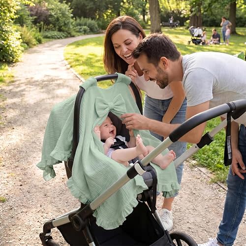 Tegeme Green Baby Carseat Cover with Bow 100% Cotton Car Seat Canopy Cover 32 x 44 Inches Soft Breathable Canopy for Girls Boys Stroller and Cart Carseat Nursing Covers for Newborn