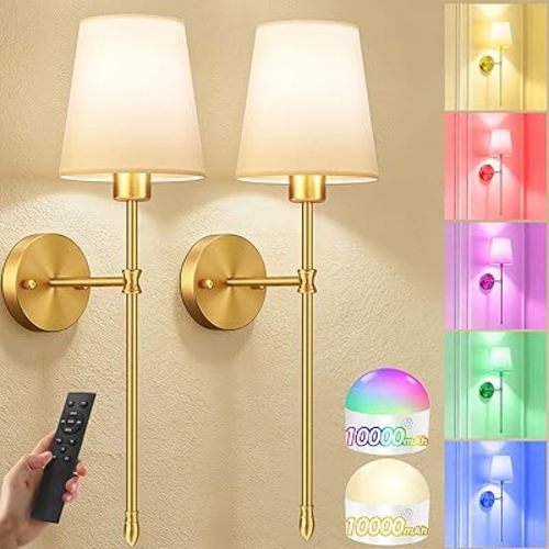 OCATO Battery Operated Wall Sconce: 10000mAh Wireless Wall Sconces Set of Two Rechargeable Lamp Dimmable Magnetic Lights with 7 RGB Colors and Remote Walls Decor for Bedroom Living Room Hallway