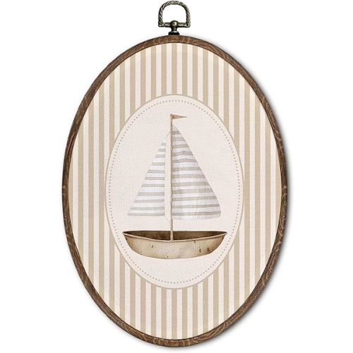 FLAWAFLOMA Vintage Sailboat Nursery Oval Wall Art Decor, Kids Room Canvas Wall Art Framed, Retro Sailboat Hanging Decorations for Nursery Kids Toddler Boy Room Bedroom Decor, 8.6x11.4 Inch