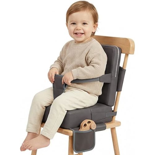 Booster Seat for Kitchen Chair, Non-Slip Toddler Booster Seat for Dining Table with Backrest, Adjustable Straps, Portable Travel Toddler Booster Seat with Storage Bag, Grey