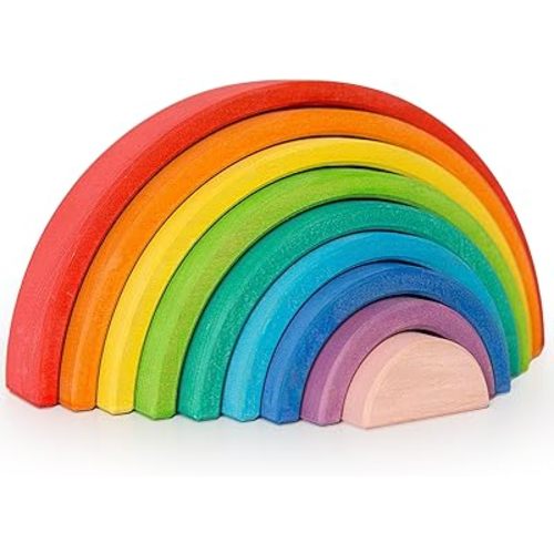 9Pcs Wooden Rainbow Stacker Toy, Montessori Nesting Puzzle for Kids, Rainbow Blocks