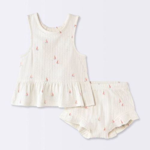 Baby Girls' 2pc Boat Graphic Peplum Tank Top and Ruffle Shorts Set - Cloud Island™ Cream 6-9M