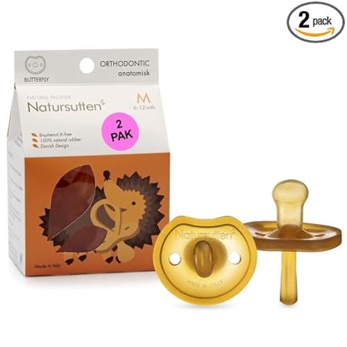 Natursutten 2-Pack Natural Rubber Pacifiers - Safe & Soft BPA-Free Pacifier for Breastfeeding Babies, Made in Italy, Butterfly Shield Orthodontic Nipple, 6-12 Months