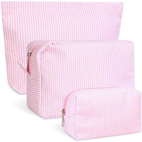3 Piece Makeup Bag Set,Seersucker Cosmetic Bags,Striped Make Up Bag Small Makeup Zipper Pouch Cute Travel Toiletry Bag Portable Aesthetic Purse Organizer Pouches for Women (Pink)
