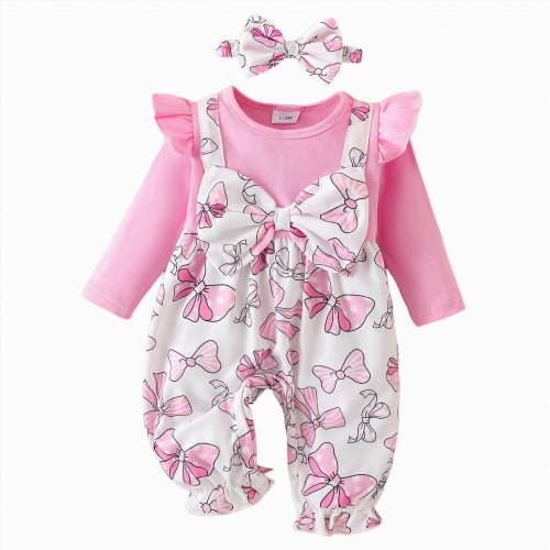 CAICJ98 Baby Girl Clothes Fall Winter Long Sleeve Bubble Romper Floral Bow One Piece Jumpsuit Cute Outfits (Pink,0-3 Months)