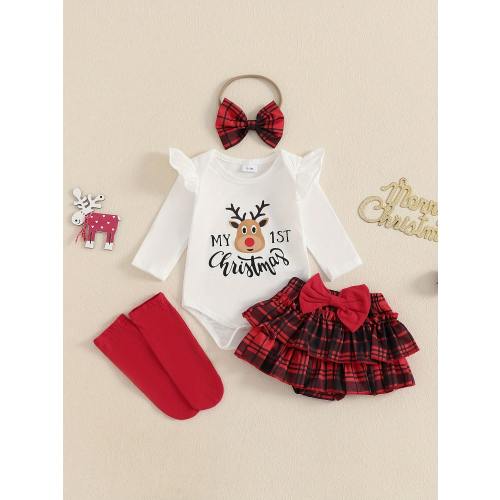 My First Christmas Baby Girl Outfit Newborn Santa Baby Romper Plaid Skirt Headband Infant Fall Winter Xmas Clothes