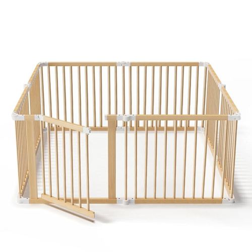 Wooden Playpen, 57"x57"x24" Size Foldable Baby Fence Portable Tools Free, Adjustable Playard for Babies and Toddlers with Safety Locking Gate