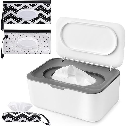 Baby Wipes Dispenser Case, Reusable Baby Wipe Holder Box with 2 Portable Wet Wipes Pouch, Refillable Wipes Pouch Case Container with Lid for Bathroom Baby Nursery Kitchen Office Travel (Grey)