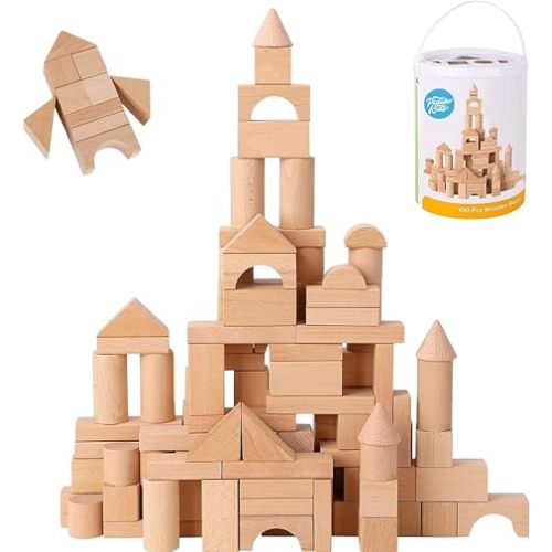 100 Pcs Wooden Blocks for Toddlers 1-3 Building Blocks for Kids | Storage Container with Shape Sorter Lid - Natural Beech Wood Blocks - Preschool Learning Toys Stacking Block