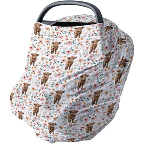 HawSkgFub Highland Cow Floral 5-in-1 Car Seat Cover for Baby Girl Cow Lover Gift, Western Cowgirl Retro Boho Flower Privacy Breastfeeding Nursing Cover, Newborn Infant Multi-use Carseat Canopy Carrier