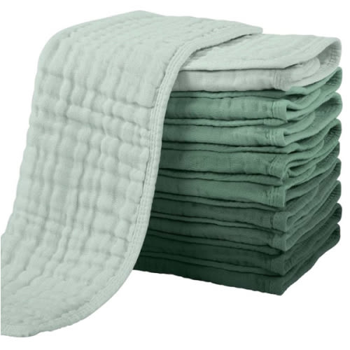 Yoofoss Muslin Burp Cloths for Baby 10 Pack 100% Organic Cotton Baby Washcloths for Boys Girls Large 20''X10'' Super Soft and Absorbent Gradient Green