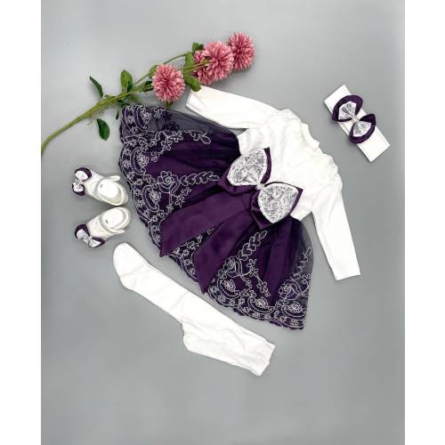 Newborn Baby Girl Dress Set, Purple Lace, Welcome Home Outfit, 5 Piece