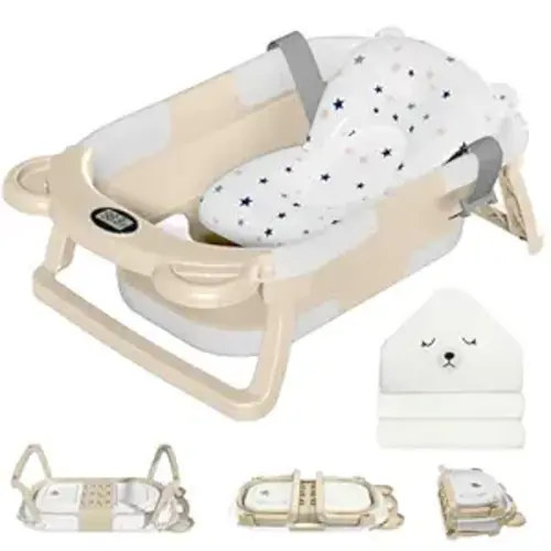 MoreFeel Collapsible Baby Bathtub for Newborn with Thermometer & 1 Hooded Towel & 1 Soft Floating Cushion,Portable Travel Bathtub with Drain Hole, Durable Foldable Baby Tubs for Infants to Toddler