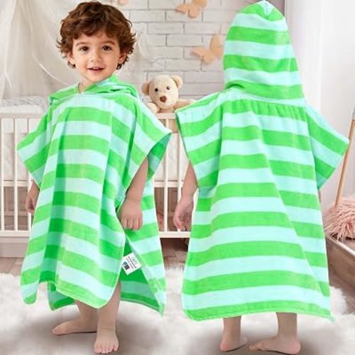 VOOVA & MOVAS Toddler Hooded Towel, Oversized (2-4Years,21"X21") Made from 100% Soft Cotton,Absorbent Hooded Towels for Baby Boys,Perfect for Pool | Swimming | Bath | Beach,Green Bar Stripe